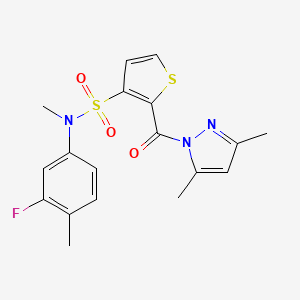 molecular formula C18H18FN3O3S2 B2733107 2-[(3,5-dimethyl-1H-pyrazol-1-yl)carbonyl]-N-(3-fluoro-4-methylphenyl)-N-methylthiophene-3-sulfonamide CAS No. 1189731-79-0