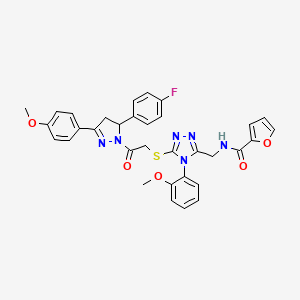 molecular formula C33H29FN6O5S B2733108 N-((5-((2-(5-(4-fluorophenyl)-3-(4-methoxyphenyl)-4,5-dihydro-1H-pyrazol-1-yl)-2-oxoethyl)thio)-4-(2-methoxyphenyl)-4H-1,2,4-triazol-3-yl)methyl)furan-2-carboxamide CAS No. 393586-06-6