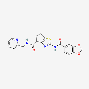 molecular formula C21H18N4O4S B2733132 2-(benzo[d][1,3]dioxole-5-carboxamido)-N-(pyridin-2-ylmethyl)-5,6-dihydro-4H-cyclopenta[d]thiazole-4-carboxamide CAS No. 955699-95-3