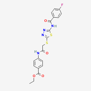 molecular formula C20H17FN4O4S2 B2733141 Ethyl 4-[[2-[[5-[(4-fluorobenzoyl)amino]-1,3,4-thiadiazol-2-yl]sulfanyl]acetyl]amino]benzoate CAS No. 392293-24-2
