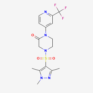 molecular formula C16H18F3N5O3S B2733144 1-[2-(Trifluoromethyl)pyridin-4-yl]-4-(1,3,5-trimethylpyrazol-4-yl)sulfonylpiperazin-2-one CAS No. 2380079-20-7