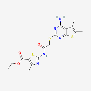 molecular formula C17H19N5O3S3 B2733253 Ethyl 2-[[2-(4-amino-5,6-dimethylthieno[2,3-d]pyrimidin-2-yl)sulfanylacetyl]amino]-4-methyl-1,3-thiazole-5-carboxylate CAS No. 496029-16-4