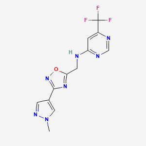 molecular formula C12H10F3N7O B2733350 N-{[3-(1-甲基-1H-吡唐-4-基)-1,2,4-噁二唑-5-基]甲基}-6-(三氟甲基)嘧啶-4-胺 CAS No. 2034537-32-9