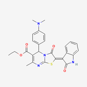 molecular formula C26H24N4O4S B2733369 (Z)-ethyl 5-(4-(dimethylamino)phenyl)-7-methyl-3-oxo-2-(2-oxoindolin-3-ylidene)-3,5-dihydro-2H-thiazolo[3,2-a]pyrimidine-6-carboxylate CAS No. 725220-05-3