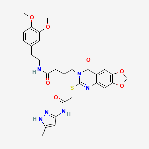 molecular formula C29H32N6O7S B2733446 N-(3,4-dimethoxyphenethyl)-4-(6-((2-((3-methyl-1H-pyrazol-5-yl)amino)-2-oxoethyl)thio)-8-oxo-[1,3]dioxolo[4,5-g]quinazolin-7(8H)-yl)butanamide CAS No. 896681-84-8