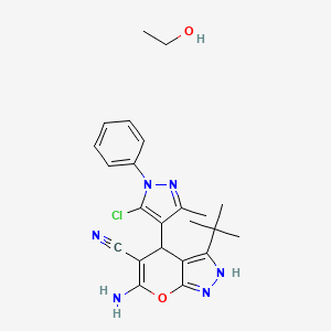 molecular formula C23H27ClN6O2 B2733460 6-Amino-3-tert-butyl-4-(4'-[1-phenyl-3-methyl-5-chloro]pyrazolo)-2,4-dihydro-pyrano-{[2,3-c] pyrazole-5-carbonitrile CAS No. 1059693-54-7