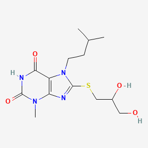 molecular formula C14H22N4O4S B2733538 8-((2,3-dihydroxypropyl)thio)-7-isopentyl-3-methyl-1H-purine-2,6(3H,7H)-dione CAS No. 378202-67-6