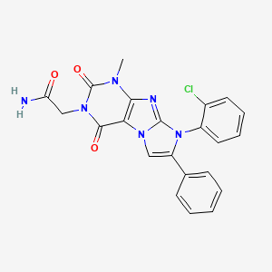 molecular formula C22H17ClN6O3 B2733584 2-[8-(2-Chlorophenyl)-1-methyl-2,4-dioxo-7-phenyl-1,3,5-trihydro-4-imidazolino [1,2-h]purin-3-yl]acetamide CAS No. 896300-03-1
