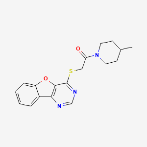 molecular formula C18H19N3O2S B2733653 2-(Benzofuro[3,2-d]pyrimidin-4-ylthio)-1-(4-methylpiperidin-1-yl)ethanone CAS No. 851130-11-5