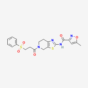 molecular formula C20H20N4O5S2 B2733740 5-methyl-N-(5-(3-(phenylsulfonyl)propanoyl)-4,5,6,7-tetrahydrothiazolo[5,4-c]pyridin-2-yl)isoxazole-3-carboxamide CAS No. 1396844-06-6