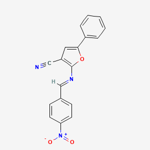 molecular formula C18H11N3O3 B2733772 2-[(E)-[(4-nitrophenyl)methylidene]amino]-5-phenylfuran-3-carbonitrile CAS No. 478033-36-2