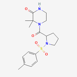 molecular formula C18H25N3O4S B2733816 3,3-Dimethyl-4-(1-tosylpyrrolidine-2-carbonyl)piperazin-2-one CAS No. 1048679-92-0