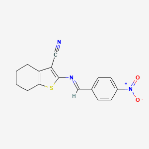 molecular formula C16H13N3O2S B2734072 (E)-2-((4-nitrobenzylidene)amino)-4,5,6,7-tetrahydrobenzo[b]thiophene-3-carbonitrile CAS No. 69438-10-4