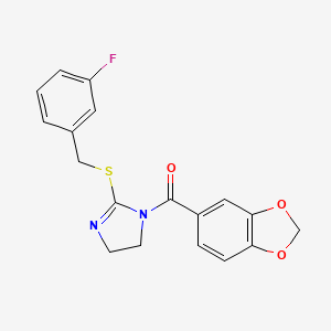 molecular formula C18H15FN2O3S B2734081 1,3-Benzodioxol-5-yl-[2-[(3-fluorophenyl)methylsulfanyl]-4,5-dihydroimidazol-1-yl]methanone CAS No. 851865-00-4