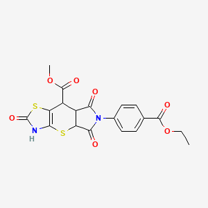 molecular formula C19H16N2O7S2 B2734183 Methyl 6-(4-(ethoxycarbonyl)phenyl)-2,5,7-trioxo-2,3,4a,5,6,7,7a,8-octahydropyrrolo[3',4':5,6]thiopyrano[2,3-d]thiazole-8-carboxylate CAS No. 1005102-08-8