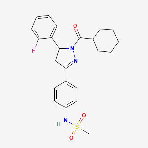molecular formula C23H26FN3O3S B2734234 N-[4-[2-(cyclohexanecarbonyl)-3-(2-fluorophenyl)-3,4-dihydropyrazol-5-yl]phenyl]methanesulfonamide CAS No. 851717-97-0