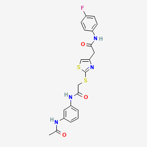 molecular formula C21H19FN4O3S2 B2734258 N-(3-acetamidophenyl)-2-((4-(2-((4-fluorophenyl)amino)-2-oxoethyl)thiazol-2-yl)thio)acetamide CAS No. 954094-90-7
