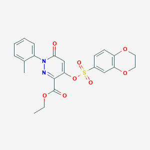 molecular formula C22H20N2O8S B2734259 Ethyl 4-(((2,3-dihydrobenzo[b][1,4]dioxin-6-yl)sulfonyl)oxy)-6-oxo-1-(o-tolyl)-1,6-dihydropyridazine-3-carboxylate CAS No. 899959-22-9