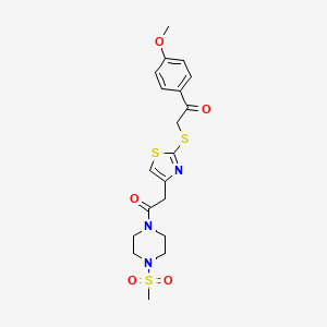 molecular formula C19H23N3O5S3 B2734407 1-(4-甲氧基苯基)-2-((4-(2-(4-(甲磺酰)哌嗪-1-基)-2-氧代乙基噻唑-2-基)硫)硫)乙酮 CAS No. 1207028-10-1