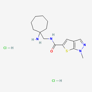 molecular formula C15H24Cl2N4OS B2734439 N-[(1-Aminocycloheptyl)methyl]-1-methylthieno[2,3-c]pyrazole-5-carboxamide;dihydrochloride CAS No. 2418673-94-4