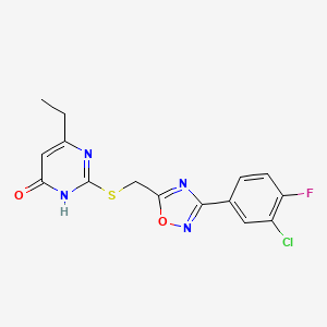 molecular formula C15H12ClFN4O2S B2734485 2-({[3-(3-Chloro-4-fluorophenyl)-1,2,4-oxadiazol-5-yl]methyl}sulfanyl)-6-ethyl-4-pyrimidinol CAS No. 1226432-27-4