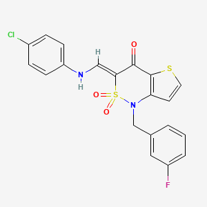 molecular formula C20H14ClFN2O3S2 B2734606 (3Z)-3-{[(4-chlorophenyl)amino]methylene}-1-(3-fluorobenzyl)-1H-thieno[3,2-c][1,2]thiazin-4(3H)-one 2,2-dioxide CAS No. 894685-41-7