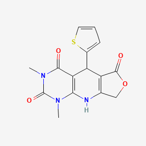 B2734717 11,13-Dimethyl-8-(thiophen-2-yl)-5-oxa-2,11,13-triazatricyclo[7.4.0.0^{3,7}]trideca-1(9),3(7)-diene-6,10,12-trione CAS No. 869465-39-4
