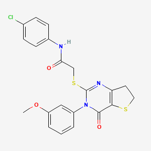 molecular formula C21H18ClN3O3S2 B2734835 N-(4-chlorophenyl)-2-((3-(3-methoxyphenyl)-4-oxo-3,4,6,7-tetrahydrothieno[3,2-d]pyrimidin-2-yl)thio)acetamide CAS No. 877655-02-2