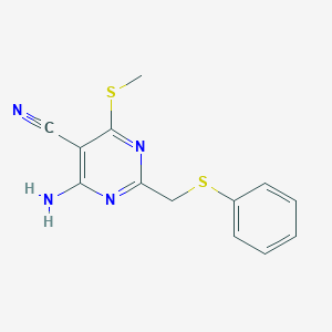 molecular formula C13H12N4S2 B2734872 4-氨基-6-(甲基硫基)-2-[(苯基硫基)甲基]-5-嘧啶碳腈 CAS No. 265314-47-4
