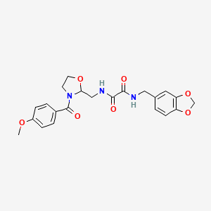 B2734933 N1-(benzo[d][1,3]dioxol-5-ylmethyl)-N2-((3-(4-methoxybenzoyl)oxazolidin-2-yl)methyl)oxalamide CAS No. 874805-27-3