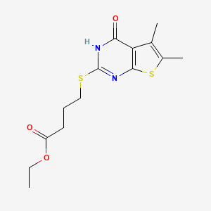 molecular formula C14H18N2O3S2 B2734939 乙酸4-[(5,6-二甲基-4-氧代-3H-噻吩[2,3-d]嘧啶-2-基)硫代]丁酸酯 CAS No. 325476-40-2