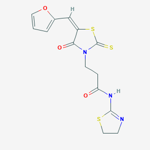 molecular formula C14H13N3O3S3 B2734952 (E)-N-(4,5-二氢噻唑-2-基)-3-(5-(呋喃-2-基甲亚)-4-氧代-2-硫代噻唑烷-3-基)丙酰胺 CAS No. 682783-93-3