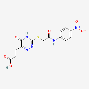 molecular formula C14H13N5O6S B2734981 3-(3-((2-((4-Nitrophenyl)amino)-2-oxoethyl)thio)-5-oxo-4,5-dihydro-1,2,4-triazin-6-yl)propanoic acid CAS No. 898607-73-3