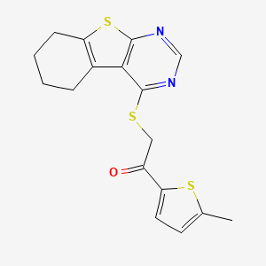 molecular formula C17H16N2OS3 B2735024 1-(5-Methylthiophen-2-yl)-2-(5,6,7,8-tetrahydro-[1]benzothiolo[2,3-d]pyrimidin-4-ylsulfanyl)ethanone CAS No. 379239-28-8