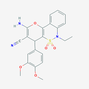 molecular formula C22H21N3O5S B2735037 2-Amino-4-(3,4-dimethoxyphenyl)-6-ethyl-4,6-dihydropyrano[3,2-c][2,1]benzothiazine-3-carbonitrile 5,5-dioxide CAS No. 893291-44-6