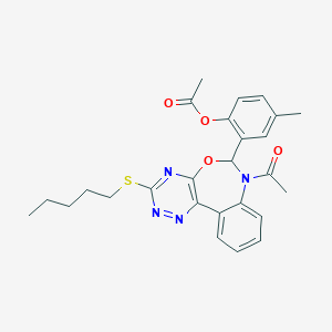 molecular formula C26H28N4O4S B273504 2-[7-Acetyl-3-(pentylsulfanyl)-6,7-dihydro[1,2,4]triazino[5,6-d][3,1]benzoxazepin-6-yl]-4-methylphenyl acetate 