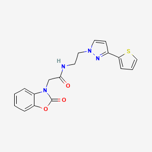 molecular formula C18H16N4O3S B2735095 2-(2-oxobenzo[d]oxazol-3(2H)-yl)-N-(2-(3-(thiophen-2-yl)-1H-pyrazol-1-yl)ethyl)acetamide CAS No. 1448027-37-9