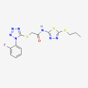 molecular formula C14H14FN7OS3 B2735106 2-((1-(2-fluorophenyl)-1H-tetrazol-5-yl)thio)-N-(5-(propylthio)-1,3,4-thiadiazol-2-yl)acetamide CAS No. 878703-41-4