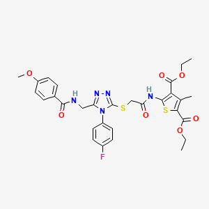 molecular formula C30H30FN5O7S2 B2735233 Diethyl 5-[[2-[[4-(4-fluorophenyl)-5-[[(4-methoxybenzoyl)amino]methyl]-1,2,4-triazol-3-yl]sulfanyl]acetyl]amino]-3-methylthiophene-2,4-dicarboxylate CAS No. 393847-80-8