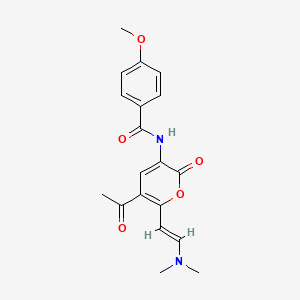 molecular formula C19H20N2O5 B2735354 N-{5-acetyl-6-[2-(dimethylamino)vinyl]-2-oxo-2H-pyran-3-yl}-4-methoxybenzenecarboxamide CAS No. 1164460-38-1