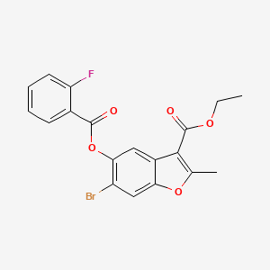 molecular formula C19H14BrFO5 B2735365 3-Benzofurancarboxylicacid,6-bromo-5-[(2-fluorobenzoyl)oxy]-2-methyl-,ethylester(9CI) CAS No. 585556-96-3