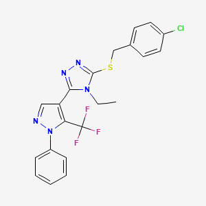 molecular formula C21H17ClF3N5S B2735367 4-chlorobenzyl 4-ethyl-5-[1-phenyl-5-(trifluoromethyl)-1H-pyrazol-4-yl]-4H-1,2,4-triazol-3-yl sulfide CAS No. 956742-12-4