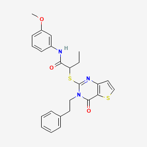 molecular formula C25H25N3O3S2 B2735384 N-(3-methoxyphenyl)-2-{[4-oxo-3-(2-phenylethyl)-3,4-dihydrothieno[3,2-d]pyrimidin-2-yl]sulfanyl}butanamide CAS No. 1326828-65-2