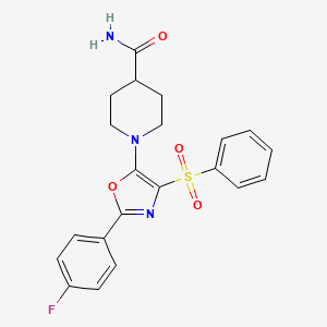 molecular formula C21H20FN3O4S B2735390 1-[4-(Benzenesulfonyl)-2-(4-fluorophenyl)-1,3-oxazol-5-yl]piperidine-4-carboxamide CAS No. 855714-86-2