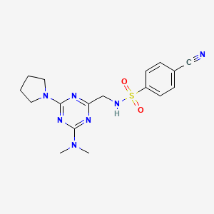molecular formula C17H21N7O2S B2735446 4-氰基-N-((4-(二甲胺)-6-(吡咯啉-1-基)-1,3,5-三嗪-2-基)甲基)苯磺酰胺 CAS No. 2034520-51-7