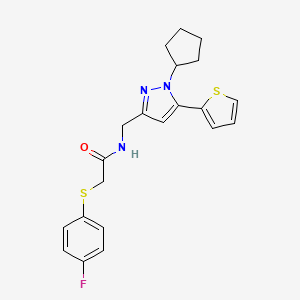 molecular formula C21H22FN3OS2 B2735453 N-((1-cyclopentyl-5-(thiophen-2-yl)-1H-pyrazol-3-yl)methyl)-2-((4-fluorophenyl)thio)acetamide CAS No. 1421453-35-1