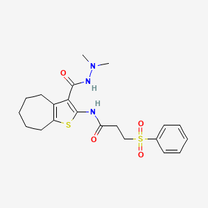 molecular formula C21H27N3O4S2 B2735464 N-(3-(2,2-dimethylhydrazinecarbonyl)-5,6,7,8-tetrahydro-4H-cyclohepta[b]thiophen-2-yl)-3-(phenylsulfonyl)propanamide CAS No. 893111-28-9