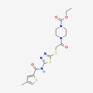 molecular formula C17H21N5O4S3 B2735501 乙酸-4-(2-((5-(4-甲硫苯-2-羧胺基)-1,3,4-噻二唑-2-基)硫代)乙酰)哌嗪-1-羧酸乙酯 CAS No. 1351613-70-1