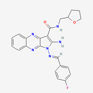 molecular formula C23H21FN6O2 B2735534 (E)-2-amino-1-((4-fluorobenzylidene)amino)-N-((tetrahydrofuran-2-yl)methyl)-1H-pyrrolo[2,3-b]quinoxaline-3-carboxamide CAS No. 799829-02-0