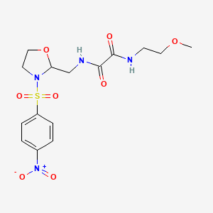 molecular formula C15H20N4O8S B2735576 N1-(2-methoxyethyl)-N2-((3-((4-nitrophenyl)sulfonyl)oxazolidin-2-yl)methyl)oxalamide CAS No. 868981-93-5